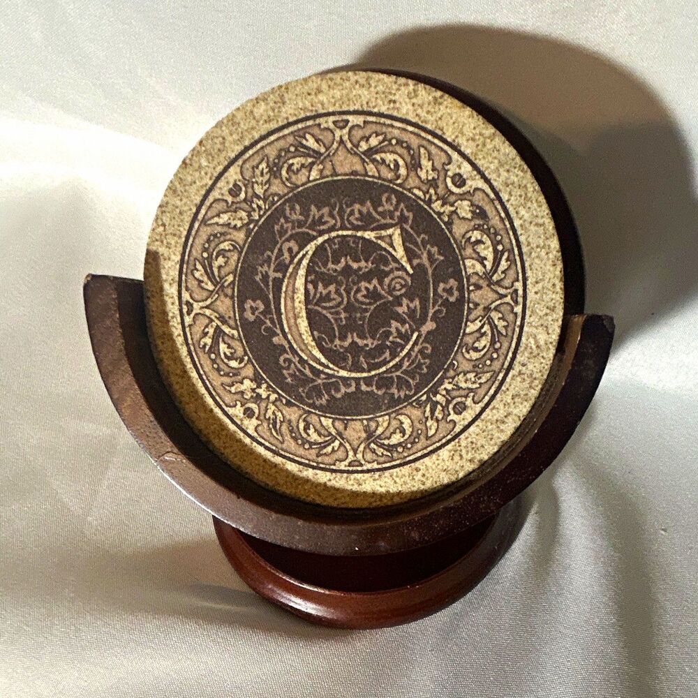 Thirstystone Monogram Letter C Stone Coaster Set 3 pc w/ Dark Brown Wood Holder